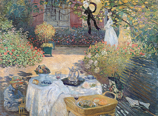 점심 식사, 아르장퇴유의 모네의 정원과 왼쪽에 있는 그의 아들 장